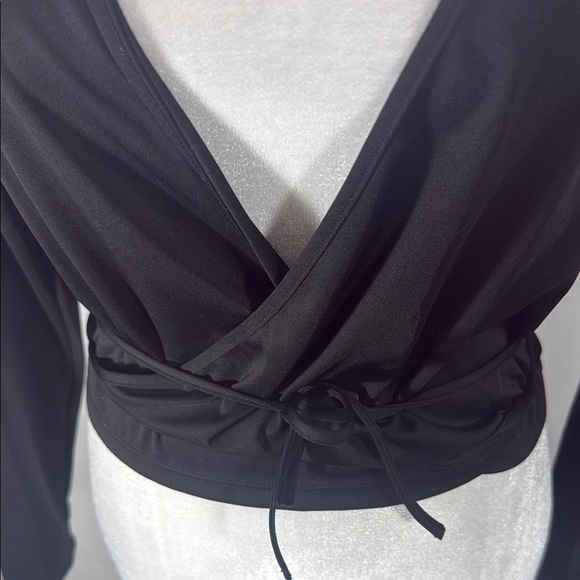 Popilush Black Long Sleeve Wrap Blouse with Tie Front - Picture 3 of 7